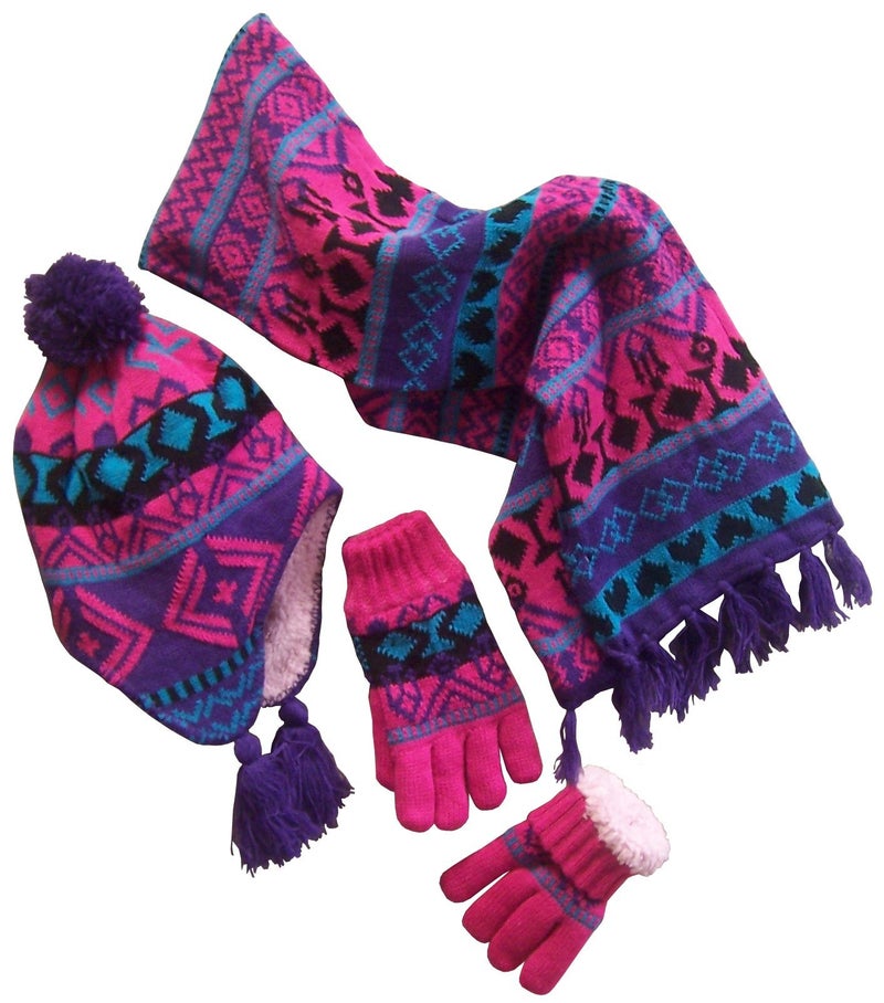 N'Ice Caps Kids Hat Glove Scarf Girls Winter Knit Accessory Set Warm Sherpa Lined 3 Piece (8-12 Years, purple/turq/fuchsia/black) - Image 1